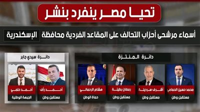 ننشر جميع أسماء مرشحي تحالف الأحزاب الوطنية لمقاعد الفردى بمحافظة الإسكندرية