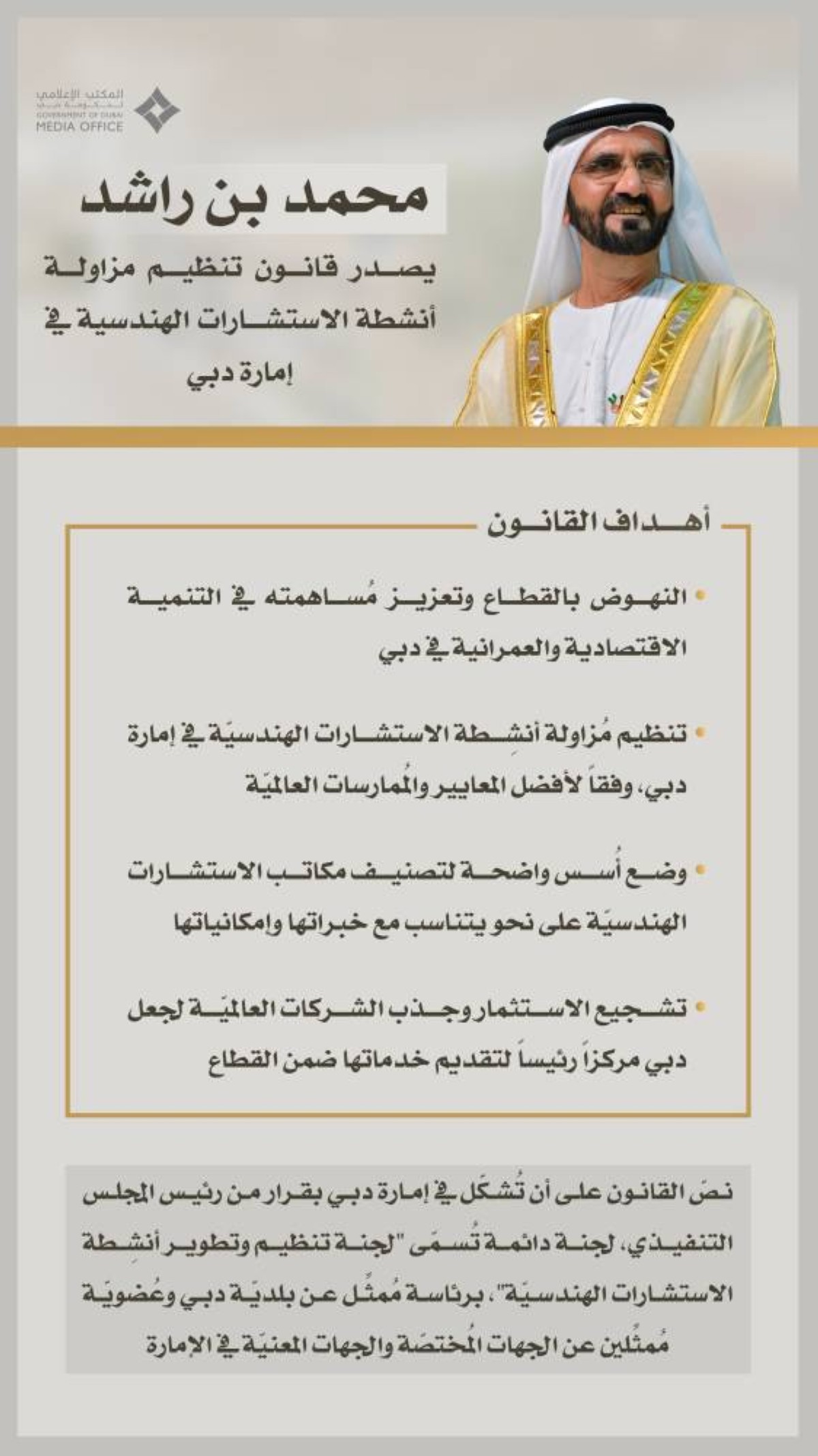 محمد بن راشد يصدر قانوناً بشأن تنظيم مُزاولة أنشطة الاستشارات الهندسيّة في دبي