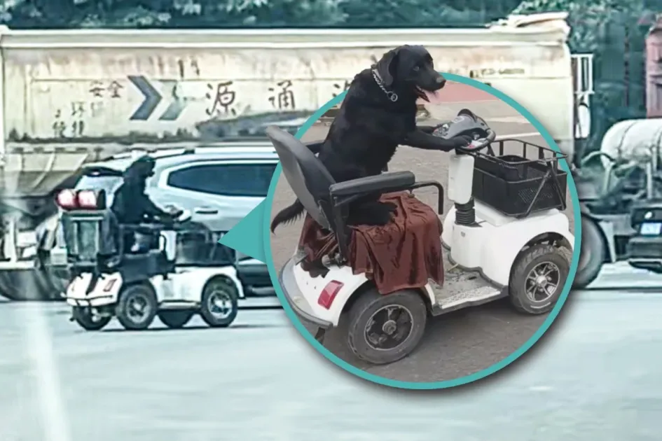 كلب.. سائق سكوتر كهربائي محترف (فيديو)