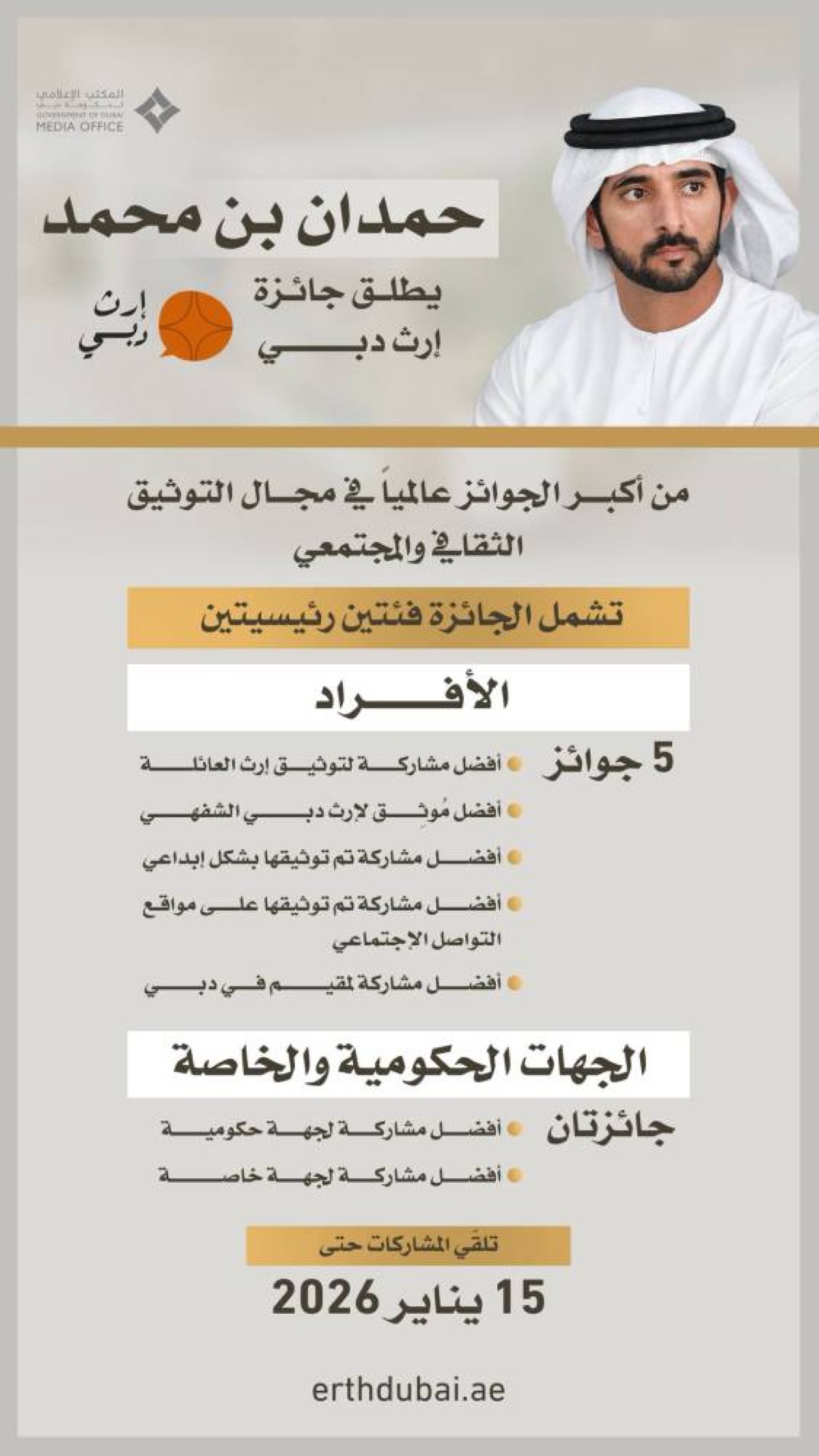 حمدان بن محمد يطلق “جوائز إرث دبي” ويدعو أهلها وكل من عاش على أرضها للمشاركة