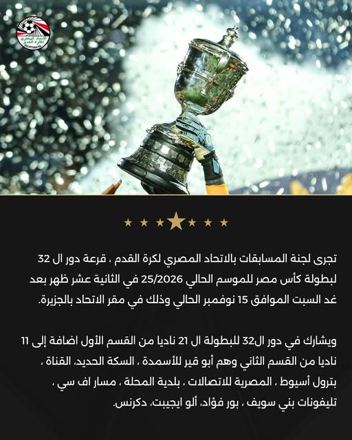 May be an image of ‎text that says '‎الا OYTAHA تجرى لجنة المسابقات بالاتحاد المصري لكرة القدم قرعة دور ال 32 لبطولة كأس مصر للموسم الحالي 25/2026 في الثانية عشر ظهر بعد غد السبت الموافق 15 نوفمبر الحالي وذلك في مقر الاتحاد بالجزيرة ويشارك في دور 1ل23 للبطولة ال 21 ناديا من القسم الأول اضافة إلى 11 ناديا من القسم الثاني وهم أبو قير للأسمدة السكة الحديد .القناة. بترول أسيوط المصرية للاتصالات بلدية المحلة مسار اف سي تليفونات بني سويف بور فؤاد، ألو ايجيبت، .دکرنس‎'‎