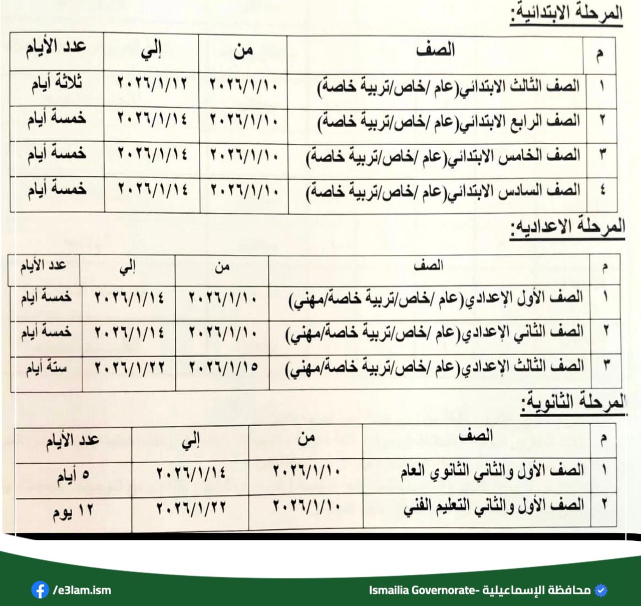 جدول امتحانات الفصل الدراسي الأول