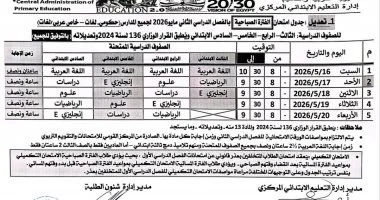 تعليم سوهاج يعدل جداول امتحانات الفترة المسائية بصفوف النقل الابتدائي